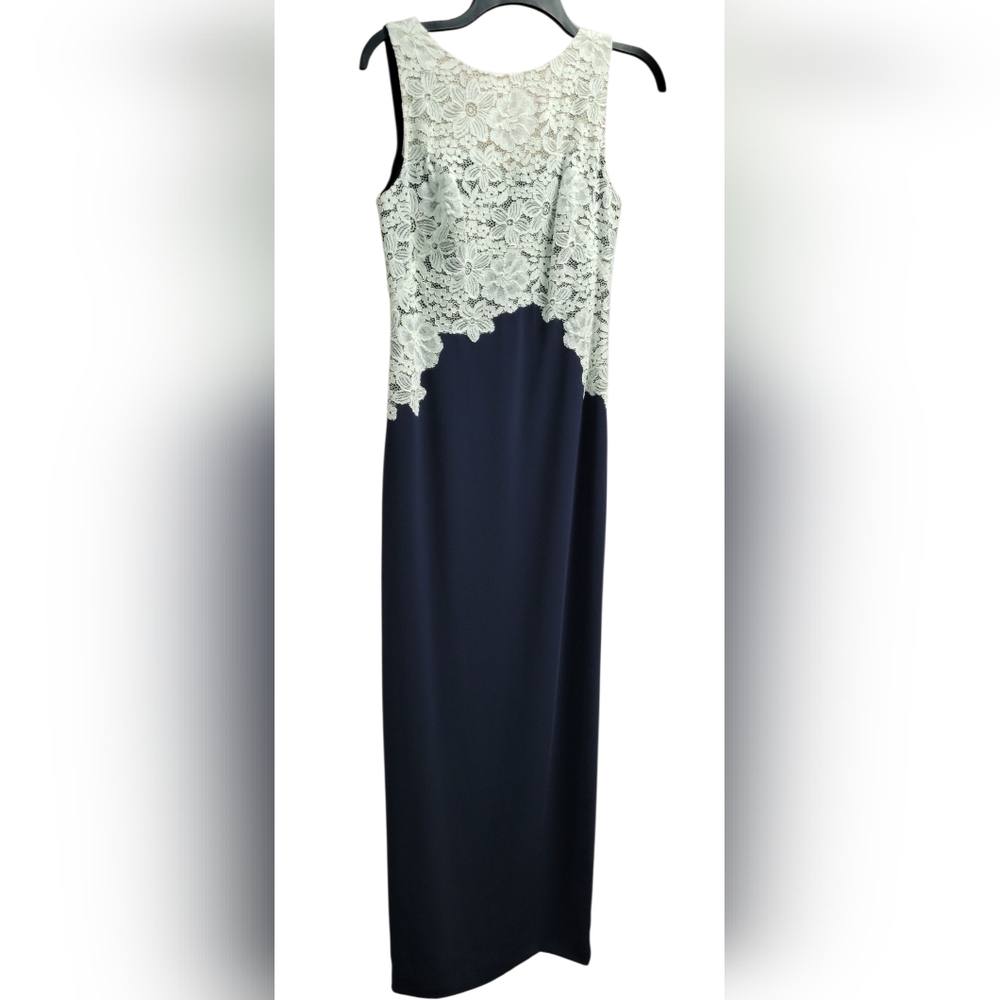 Lauren Ralph Lauren Dress Womens Lace Applique Formal Maxi Size Navy White MOB